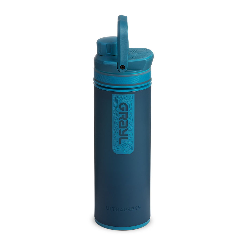 Best top rated Grayl UltraPress Filter and Purifier Water Bottle – 16.9 Fluid Ounces | Nature Edition | Forest Blue | FlipCarry Handle Up View
