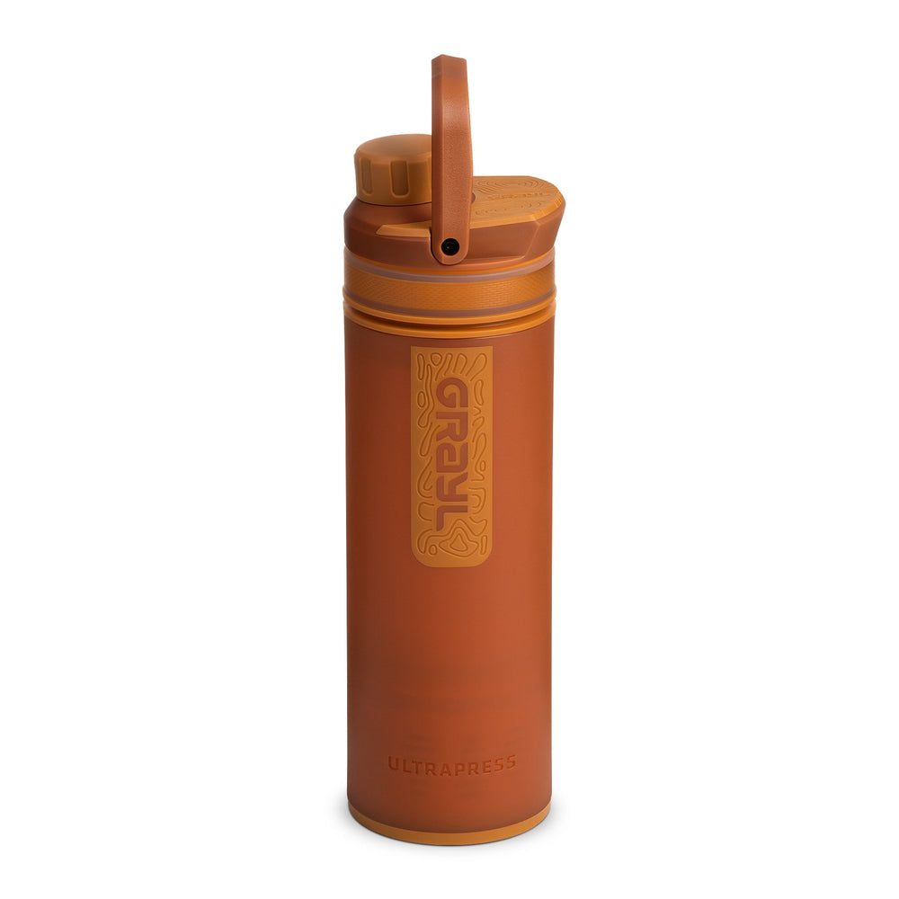 Best top rated Grayl UltraPress Filter and Purifier Water Bottle – 16.9 Fluid Ounces | Nature Edition | Mojave Redrock | FlipCarry Handle Up View