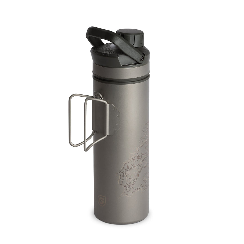 Grayl UltraPress Titanium Filter and Purifier Water Bottle – 16.9 Fluid Ounces / Covert Edition / FlipCarry Handle Up View / Covert Black