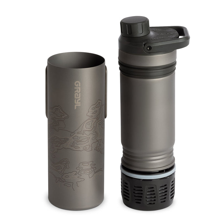 Grayl UltraPress Titanium Filter and Purifier Water Bottle – 16.9 Fluid Ounces / Covert Edition / Separated View / Covert Black
