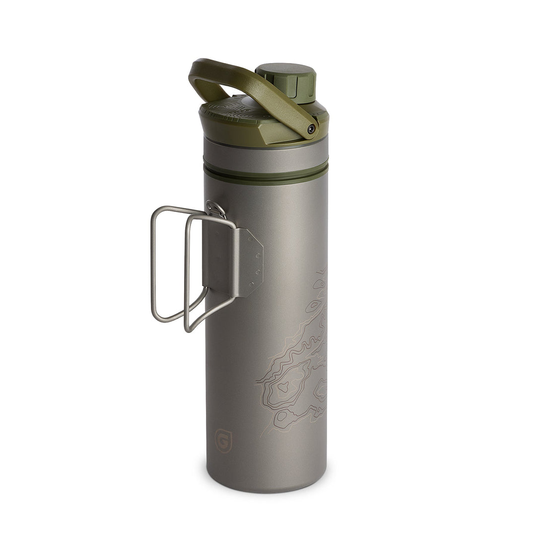 Grayl UltraPress Titanium Filter and Purifier Water Bottle – 16.9 Fluid Ounces / Covert Edition / FlipCarry Handle Up View / Olive Drab