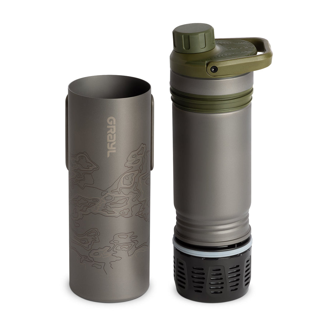 Grayl UltraPress Titanium Filter and Purifier Water Bottle – 16.9 Fluid Ounces / Covert Edition / Separated View / Olive Drab
