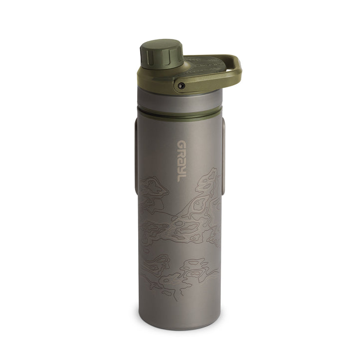 Grayl UltraPress Titanium Filter and Purifier Water Bottle – 16.9 Fluid Ounces / Covert Edition / Standard View / Olive Drab